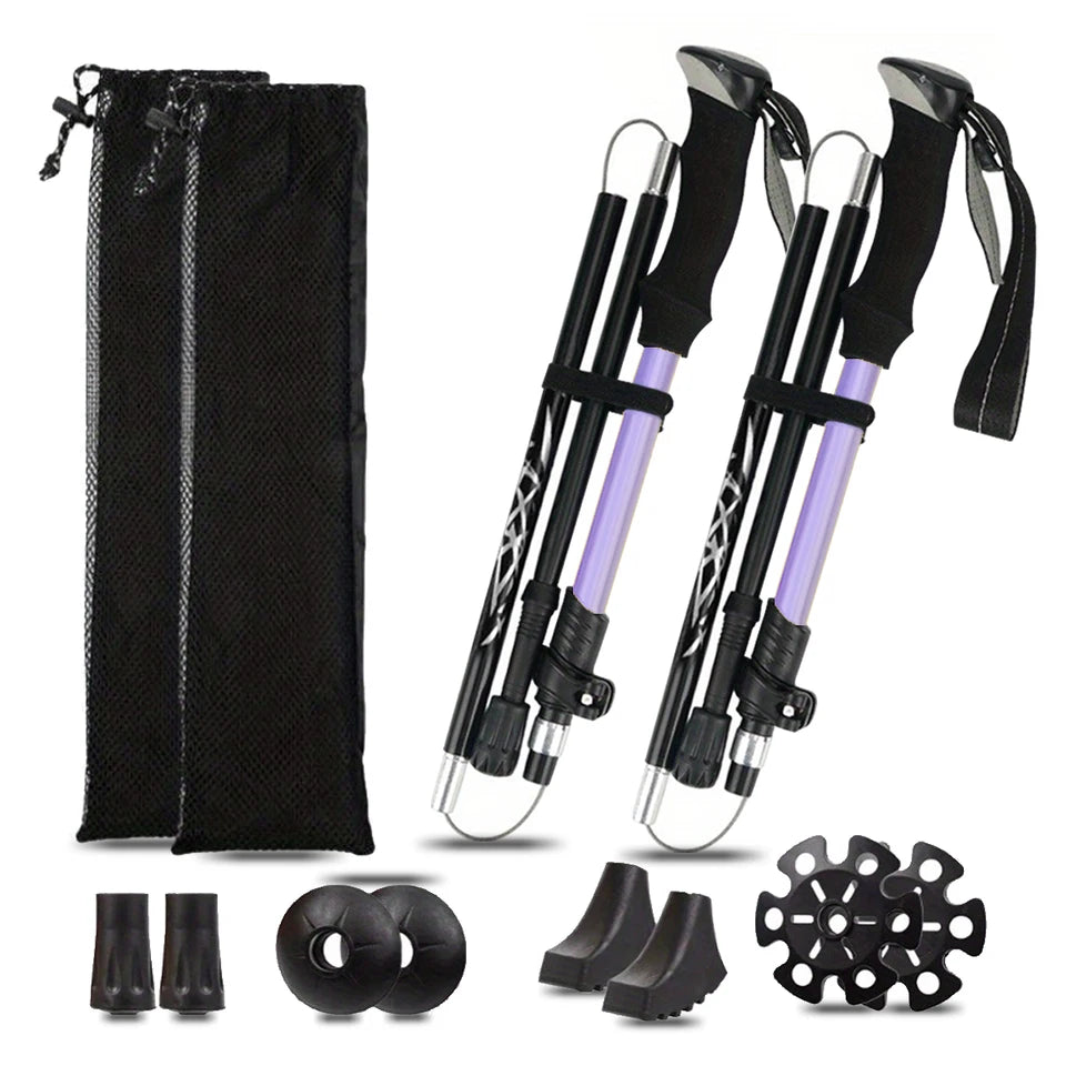 Ultralight Aluminum Alloy 5-Section Folding Trekking Pole—Ideal for Outdoor Hiking, Mountaineering, and Walking; Sturdy and Durable.